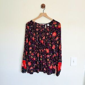 OLD NAVY Black Floral Smocked Crinkle Gauze Viscose Long Sleeve Top Women’s XXL